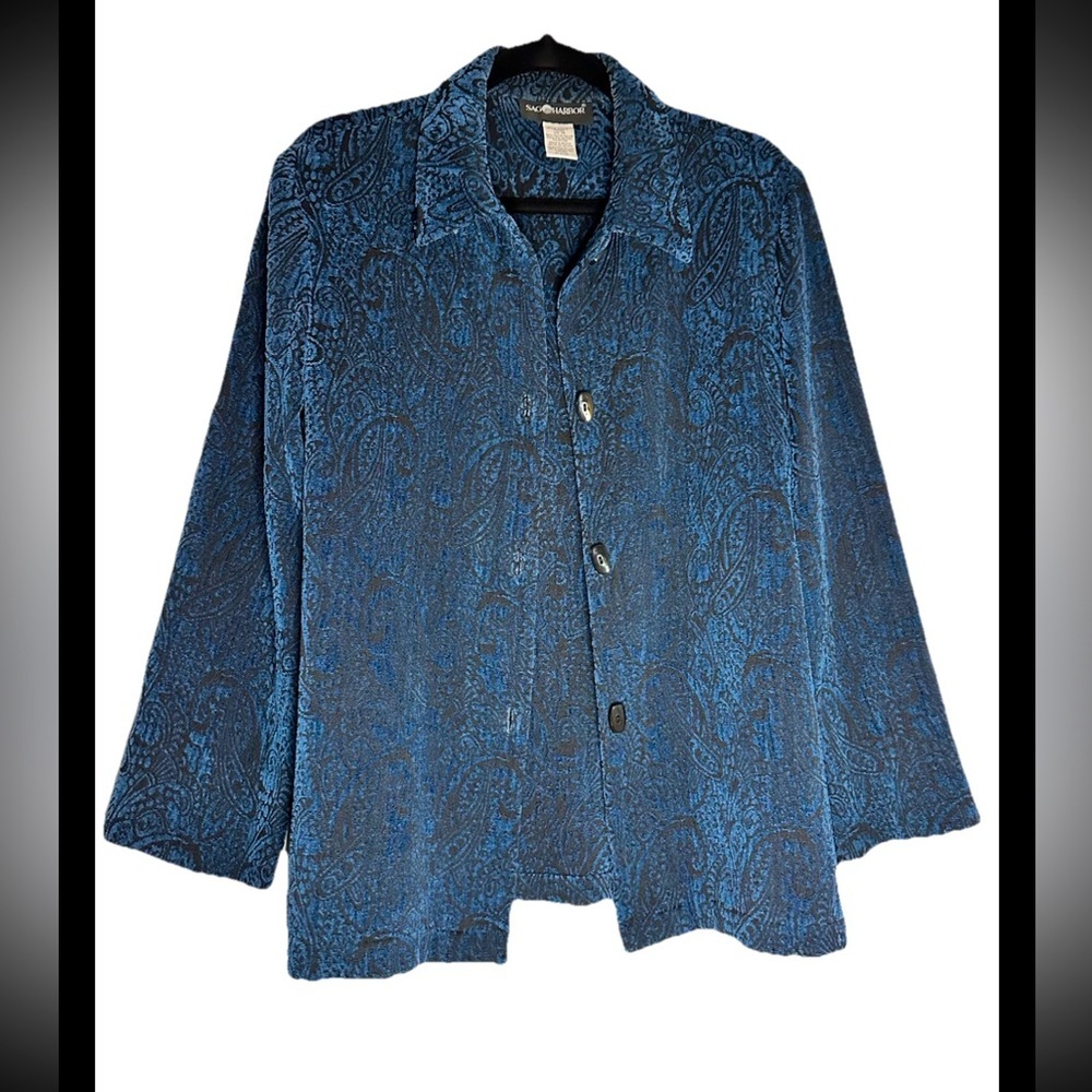 Sag Harbor Women’s Black and Blue Tapestry Shirt Tunic Jacket Sz 10